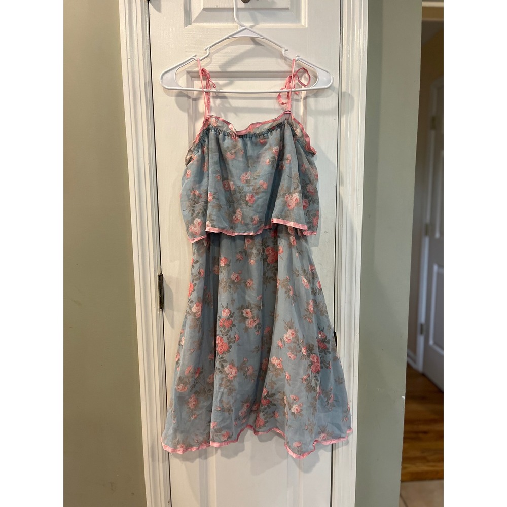 VTG 70 Trivia by Charm of Hollywood Floral Blue Pink Ruffle Dress Tie Strap S